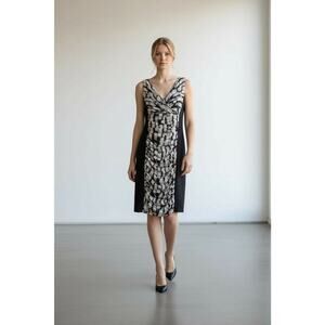 Joseph Ribkoff Black White Geo Print Sheath Dress Womens 8 Ruched Knee Length